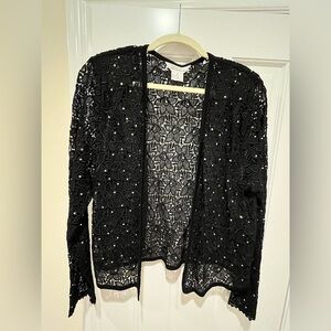 Elegant Misook Sheer Black Lace Cardigan Jacket with Sequin Paillettes M
